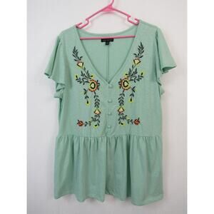 Lane Bryant 14/16 Swing Flutter-Sleeve Embroidered Babydoll Top Green Floral